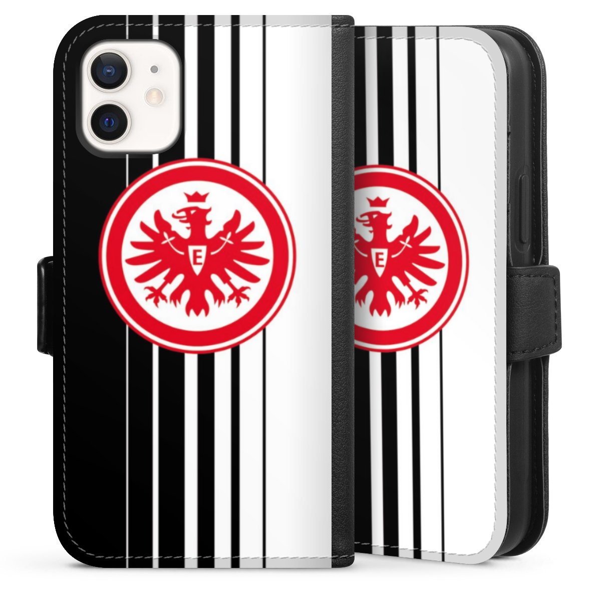 iPhone 12 mini Handy Klapphülle Handyhülle aus Kunst Leder schwarz Flip Case Stripes Eintracht Frankfurt Official Licensed Product Sideflip mit Lasche