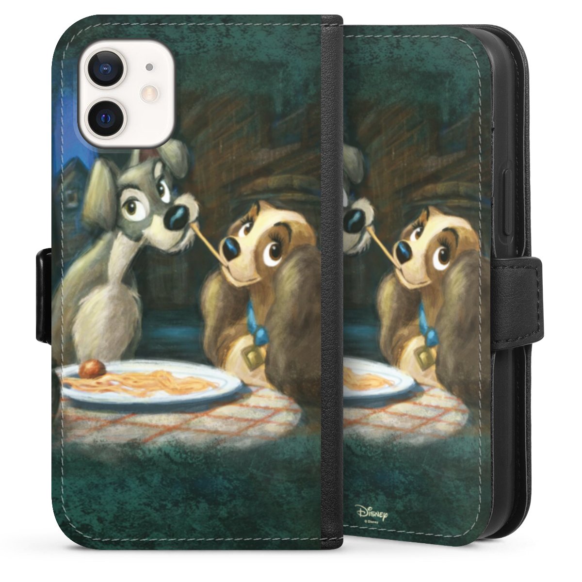 iPhone 12 mini Handy Klapphülle Handyhülle aus Kunst Leder schwarz Flip Case Lady And The Tramp Official Licensed Product Disney Sideflip mit Lasche