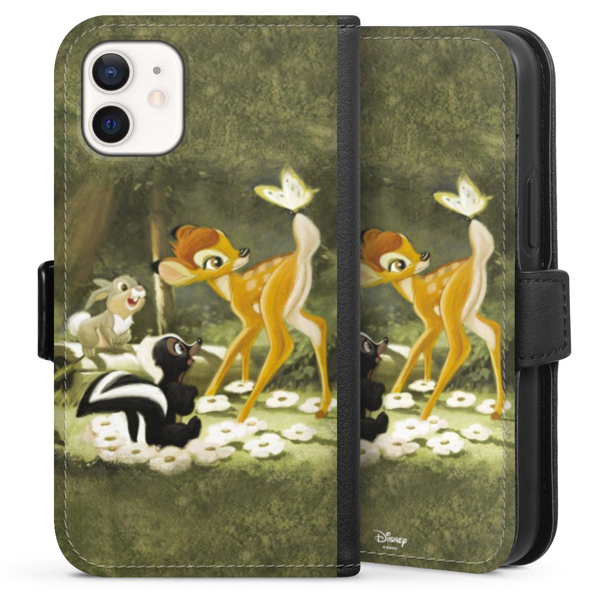 iPhone 12 mini Handy Klapphülle Handyhülle aus Kunst Leder schwarz Flip Case Disney Official Licensed Product Bambi Sideflip mit Lasche