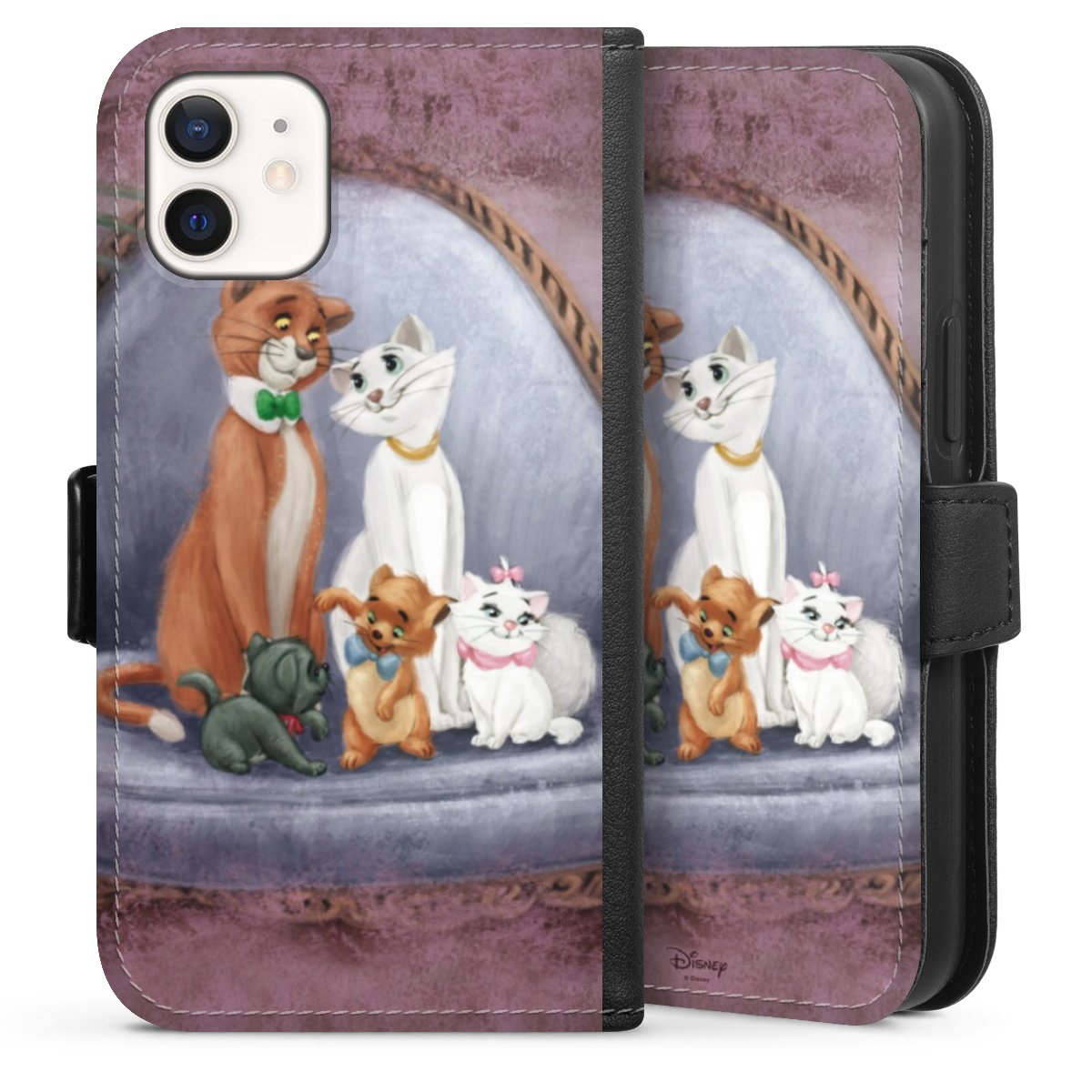 iPhone 12 mini Handy Klapphülle Handyhülle aus Kunst Leder schwarz Flip Case Official Licensed Product Disney Aristocats Sideflip mit Lasche