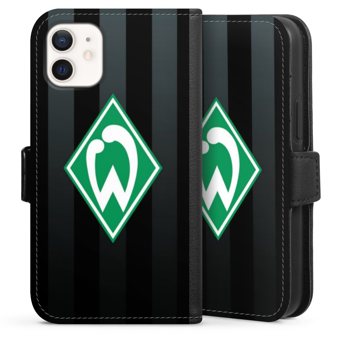 iPhone 12 mini Handy Klapphülle Handyhülle aus Kunst Leder schwarz Flip Case Stripes Sv Werder Bremen Official Licensed Product Sideflip mit Lasche