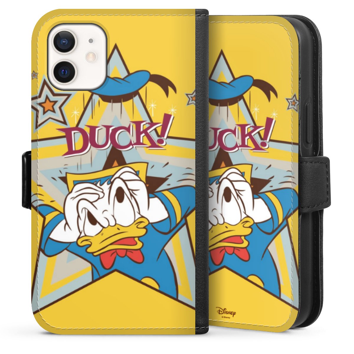 iPhone 12 mini Handy Klapphülle Handyhülle aus Kunst Leder schwarz Flip Case Official Licensed Product Donald Duck Disney Sideflip mit Lasche