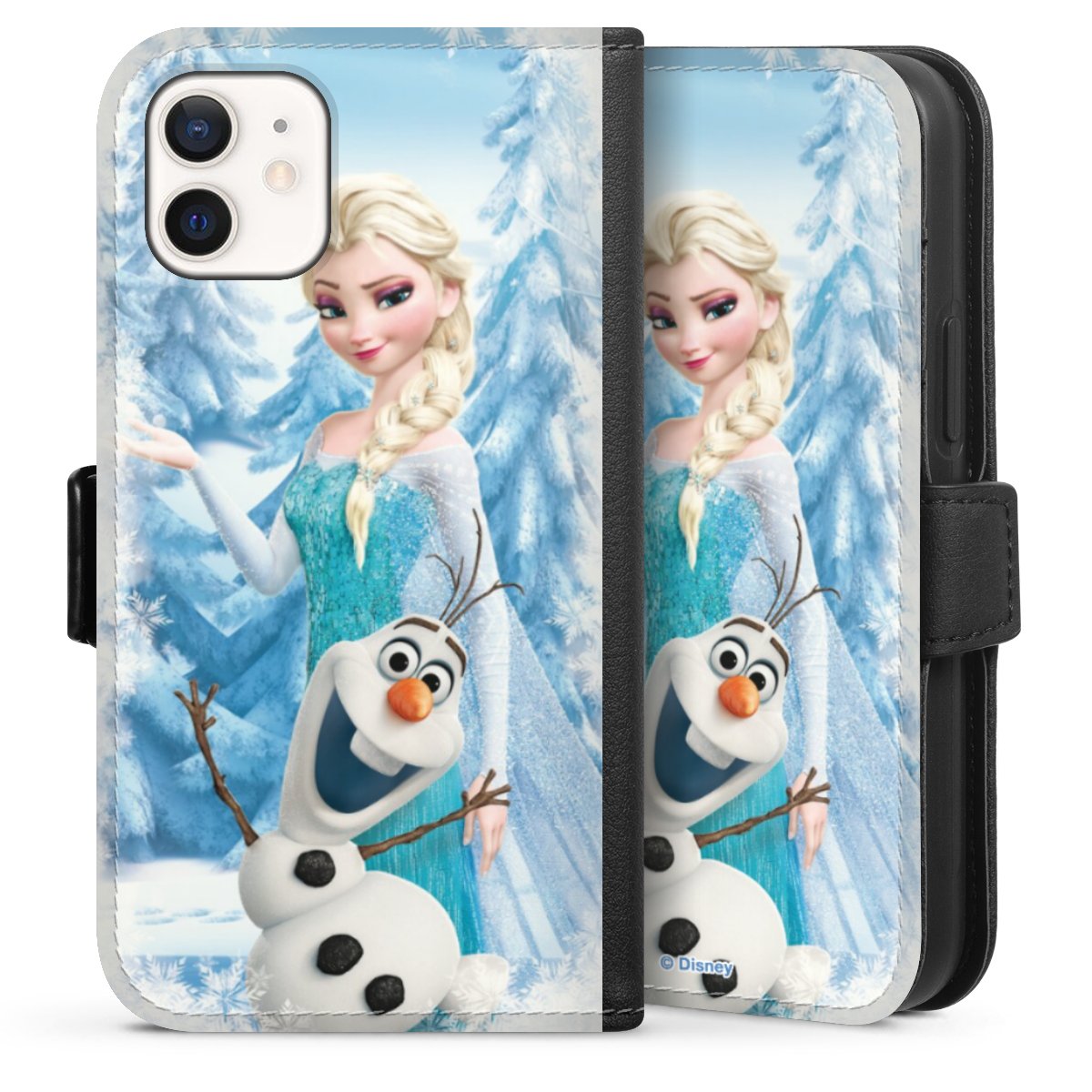 iPhone 12 mini Handy Klapphülle Handyhülle aus Kunst Leder schwarz Flip Case Official Licensed Product Frozen Elsa Disney Sideflip mit Lasche