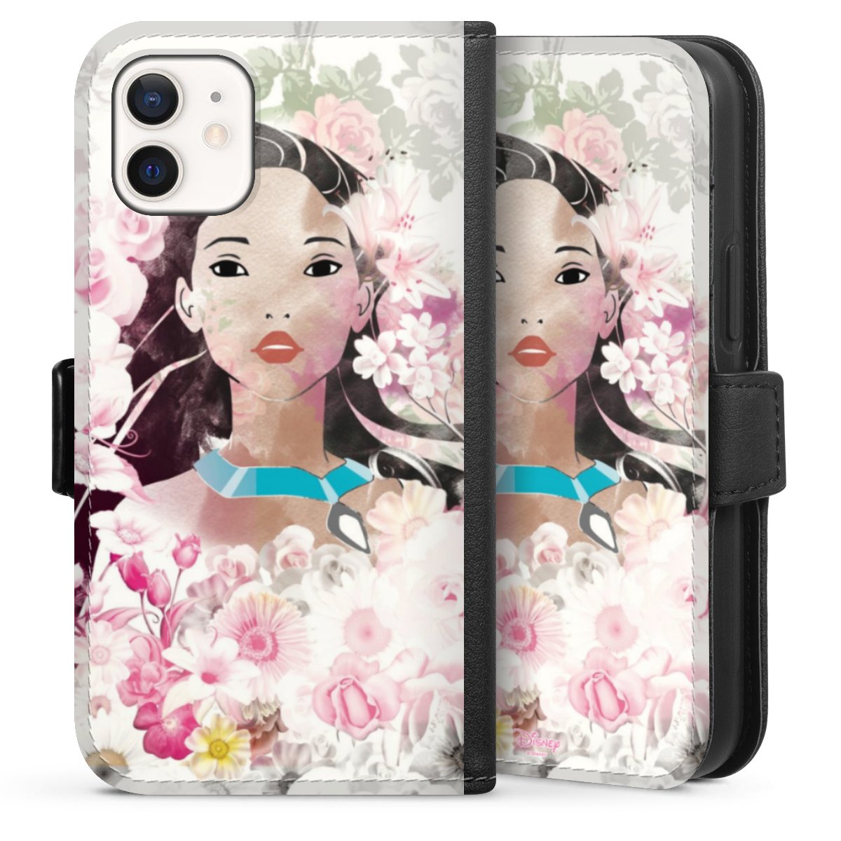 iPhone 12 mini Handy Klapphülle Handyhülle aus Kunst Leder schwarz Flip Case Pocahontas Official Licensed Product Disney Sideflip mit Lasche