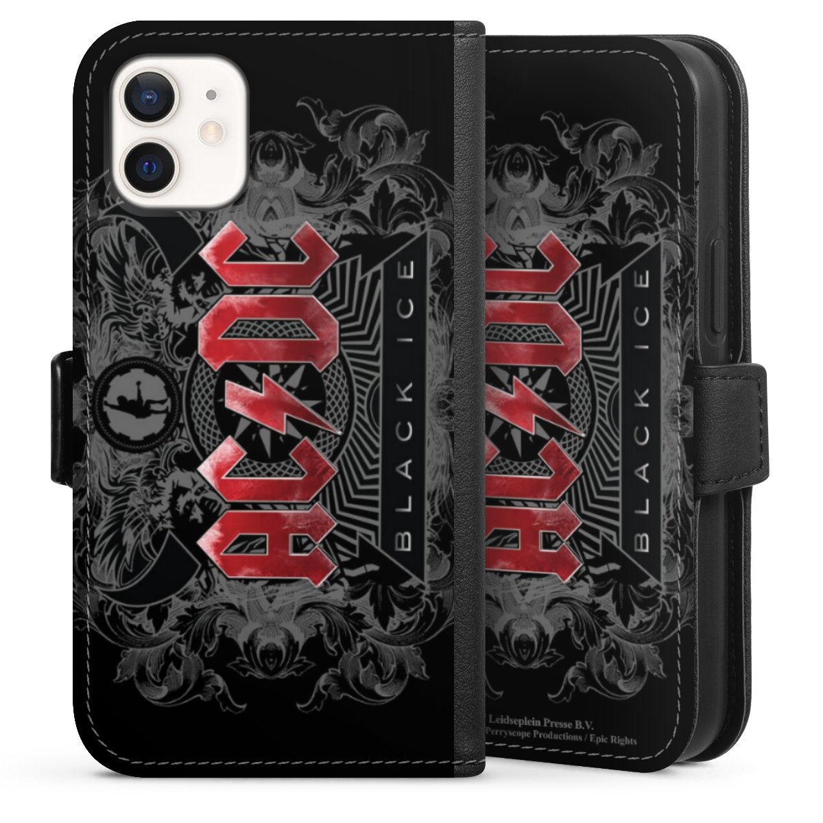 iPhone 12 mini Handy Klapphülle Handyhülle aus Kunst Leder schwarz Flip Case Merchandise Black Ice Acdc Sideflip mit Lasche