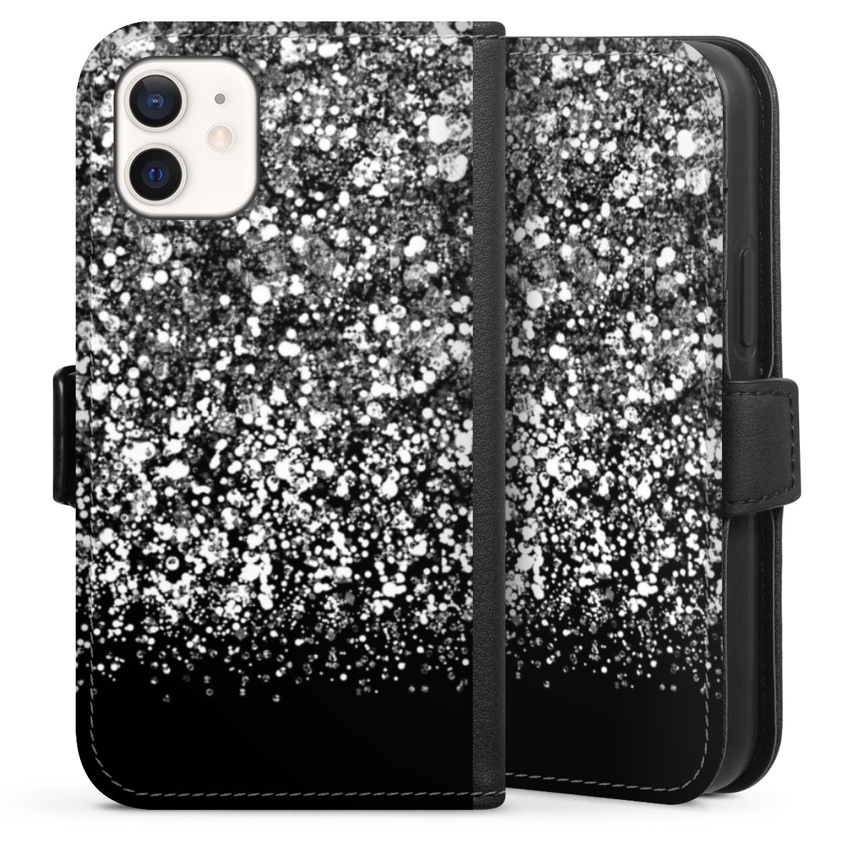 iPhone 12 mini Handy Klapphülle Handyhülle aus Kunst Leder schwarz Flip Case Glitzer Snowflake Muster Sideflip mit Lasche