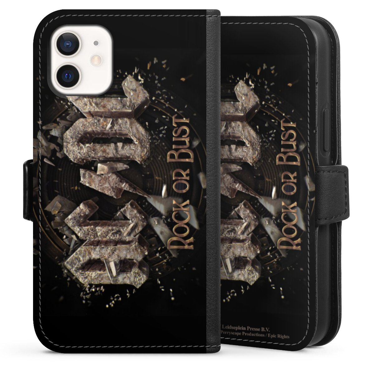 iPhone 12 mini Handy Klapphülle Handyhülle aus Kunst Leder schwarz Flip Case Acdc Official Licensed Product Rock Or Bust Sideflip mit Lasche