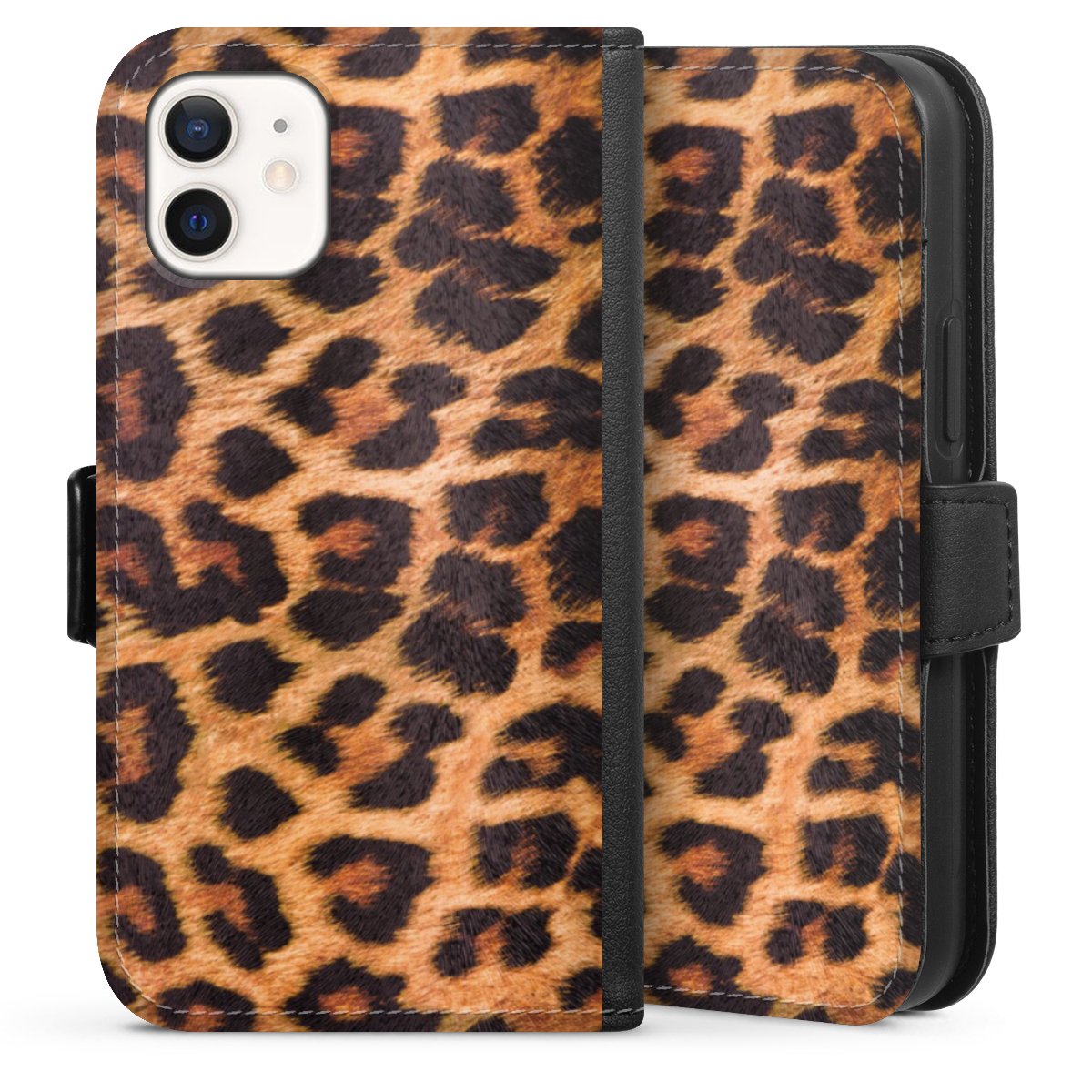 iPhone 12 mini Handy Klapphülle Handyhülle aus Kunst Leder schwarz Flip Case Animal Print Leopard Fur Sideflip mit Lasche