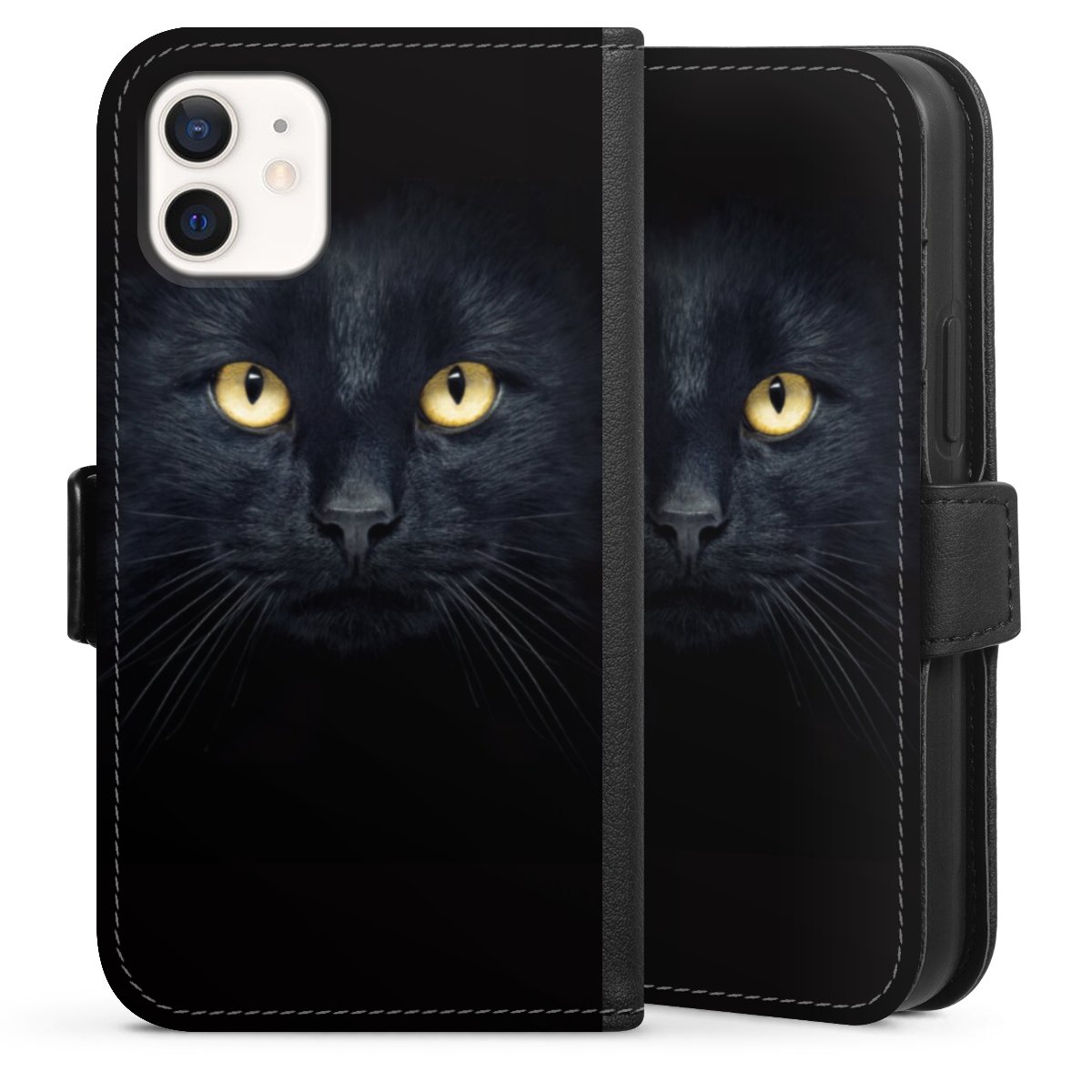 iPhone 12 mini Handy Klapphülle Handyhülle aus Kunst Leder schwarz Flip Case Eye Cat Black Sideflip mit Lasche