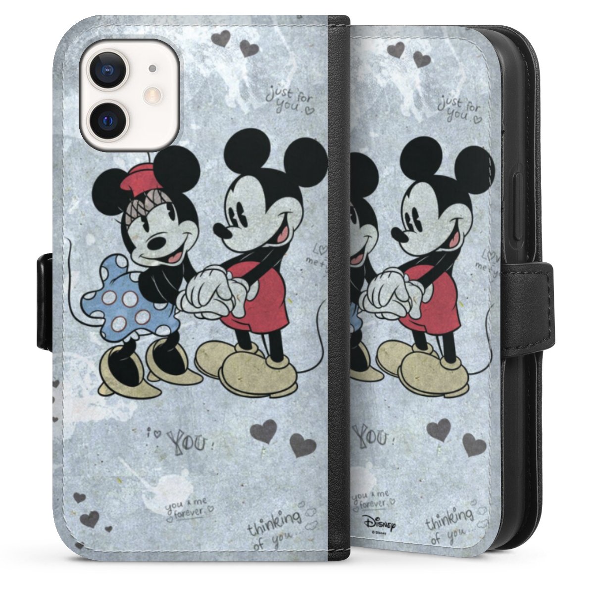 iPhone 12 mini Handy Klapphülle Handyhülle aus Kunst Leder schwarz Flip Case Mickey & Minnie Mouse Vintage Disney Sideflip mit Lasche