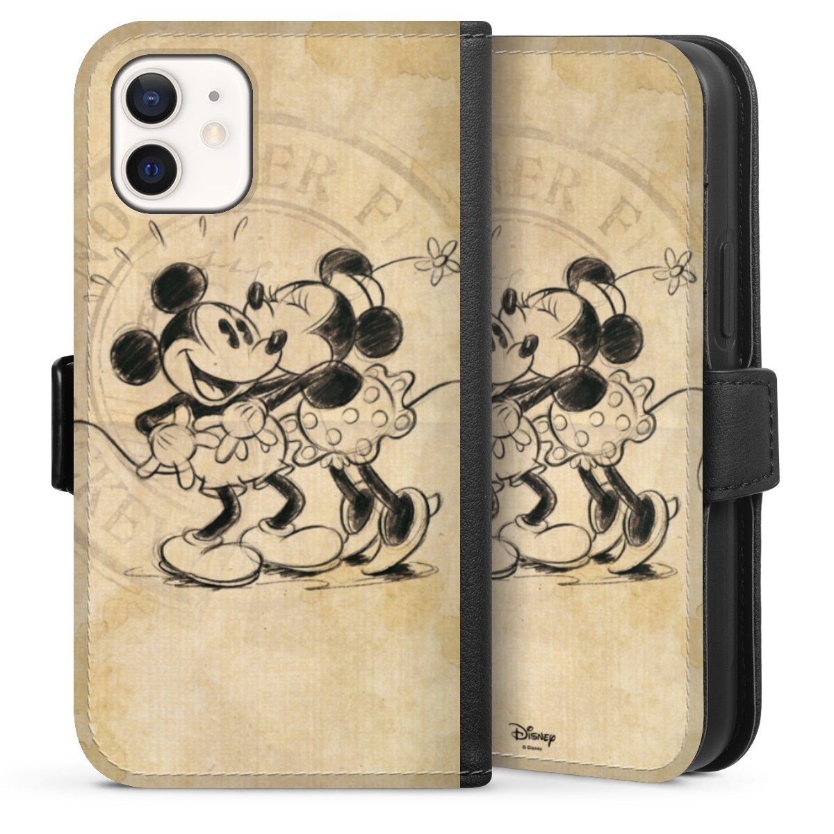 iPhone 12 mini Handy Klapphülle Handyhülle aus Kunst Leder schwarz Flip Case Mickey Mouse Vintage Minnie Mouse Sideflip mit Lasche