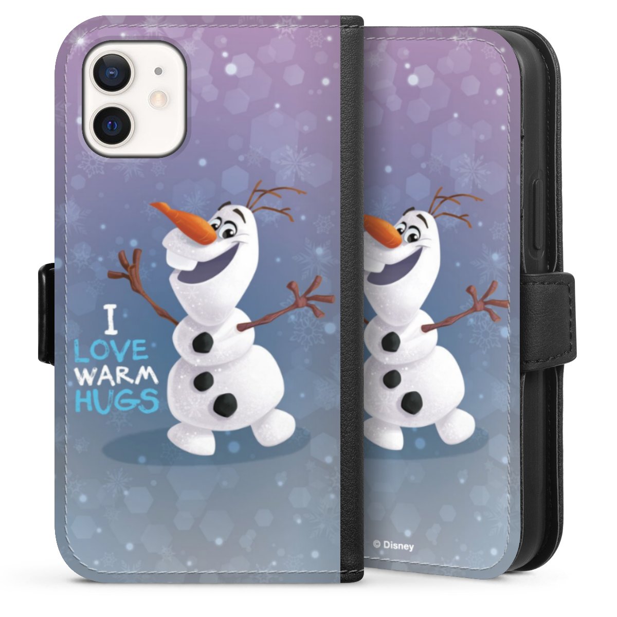 iPhone 12 mini Handy Klapphülle Handyhülle aus Kunst Leder schwarz Flip Case Frozen Frozen Olaf Official Licensed Product Sideflip mit Lasche