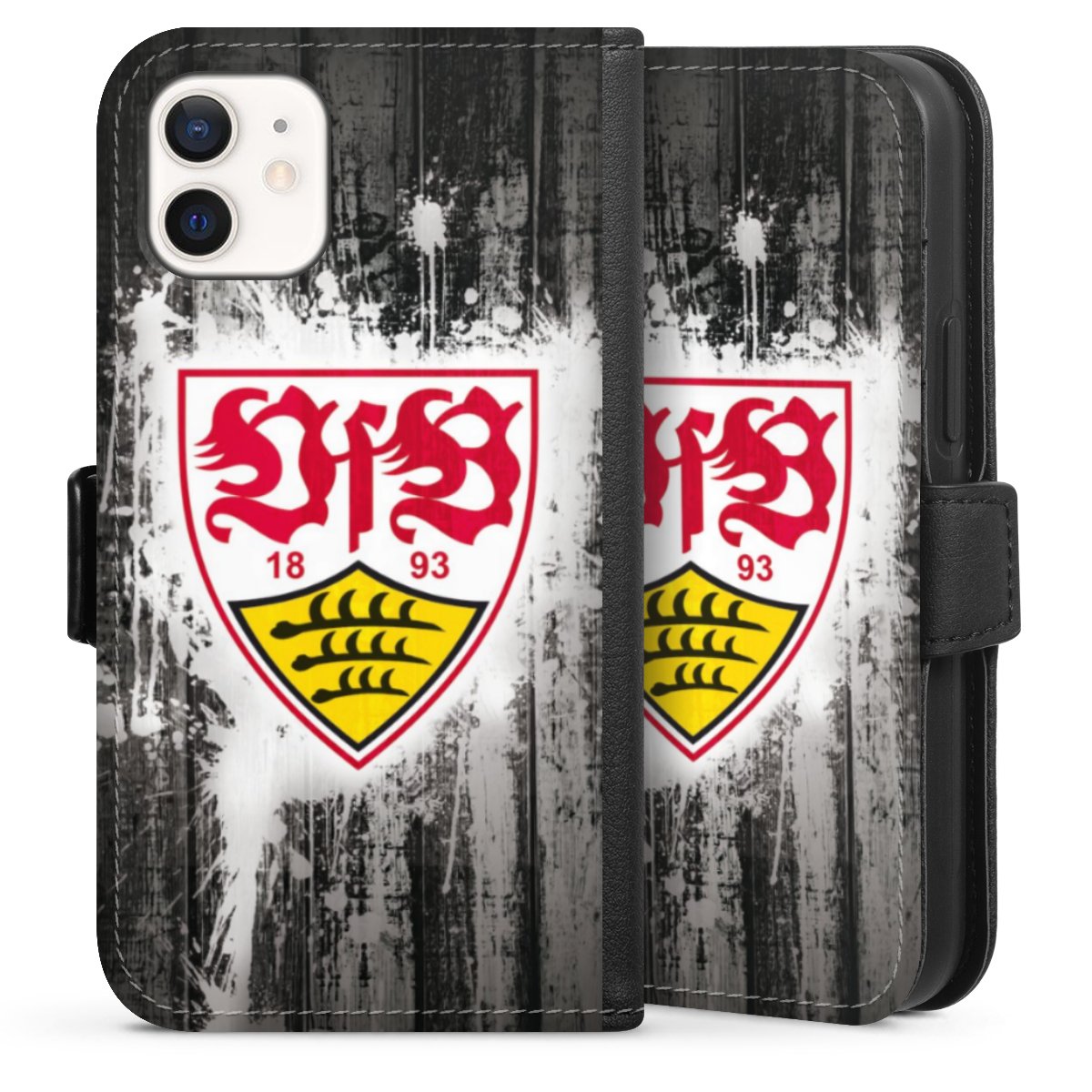 iPhone 12 mini Handy Klapphülle Handyhülle aus Kunst Leder schwarz Flip Case Vfb Stuttgart Official Licensed Product Sideflip mit Lasche