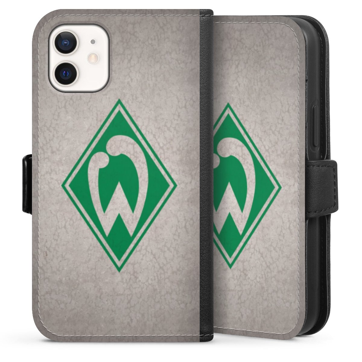 iPhone 12 mini Handy Klapphülle Handyhülle aus Kunst Leder schwarz Flip Case Sv Werder Bremen Concrete Official Licensed Product Sideflip mit Lasche