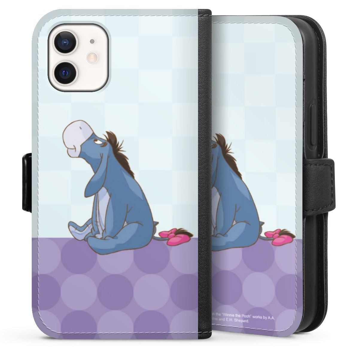 iPhone 12 mini Handy Klapphülle Handyhülle aus Kunst Leder schwarz Flip Case Disney Donkey Winnie The Pooh Sideflip mit Lasche