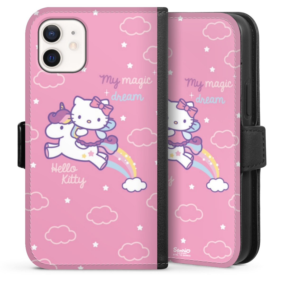 iPhone 12 mini Handy Klapphülle Handyhülle aus Kunst Leder schwarz Flip Case Einhorn Official Licensed Product Hello Kitty Sideflip mit Lasche