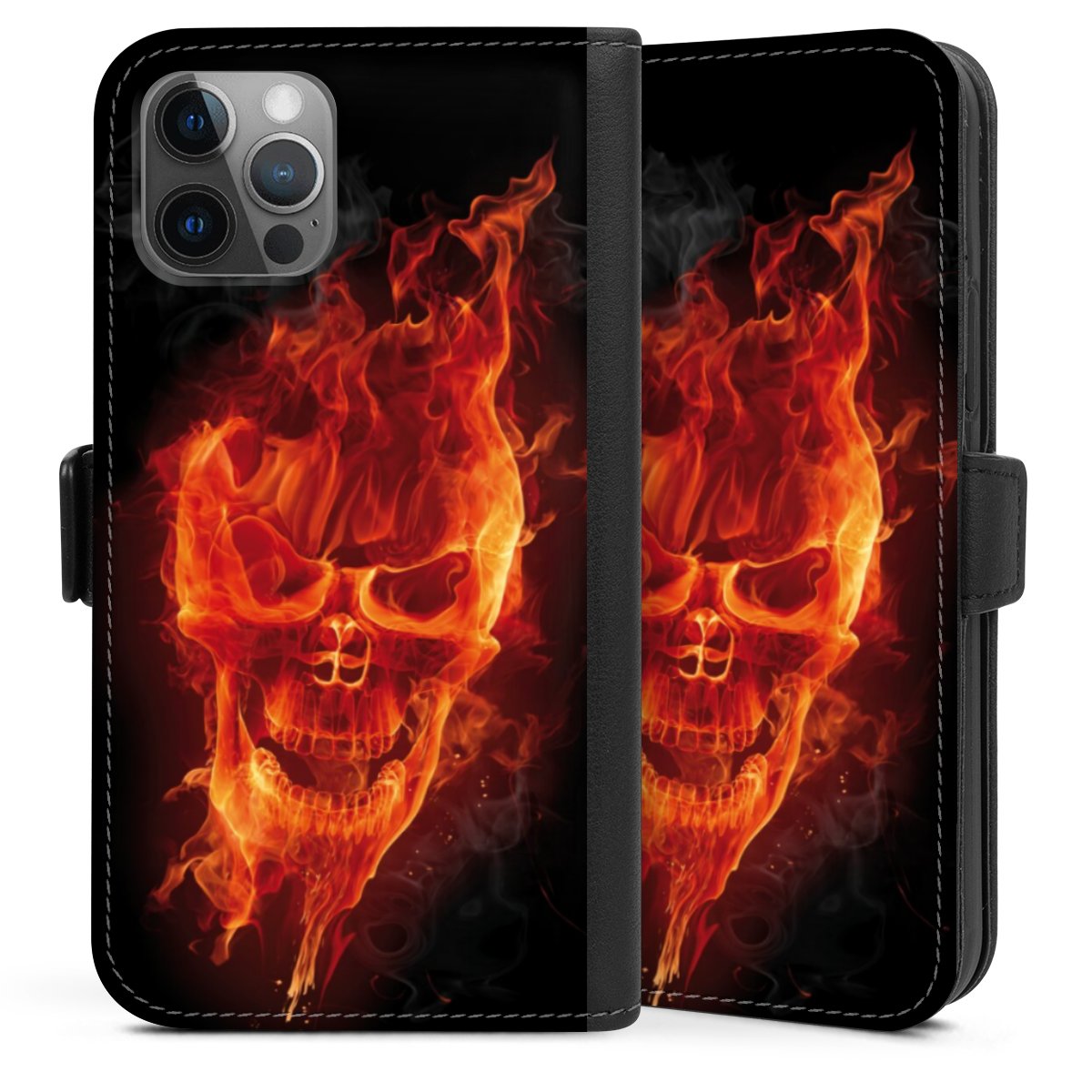 iPhone 12 Handy Klapphülle Handyhülle aus Kunst Leder schwarz Flip Case Totenkopf Skull Fire Sideflip mit Lasche