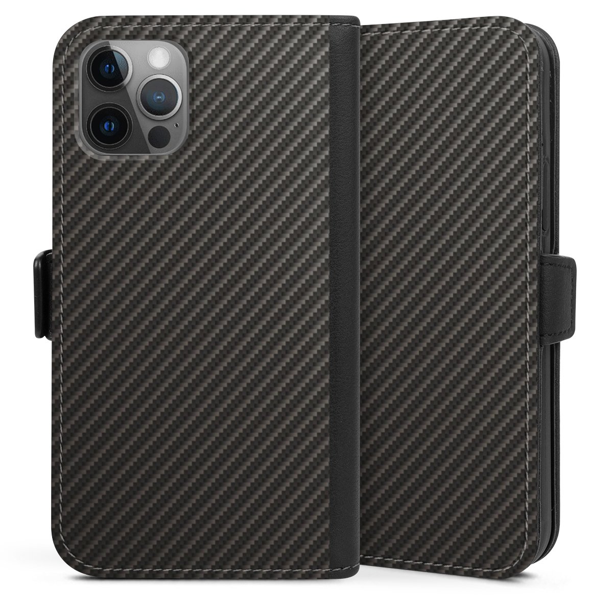 iPhone 12 Handy Klapphülle Handyhülle aus Kunst Leder schwarz Flip Case Metallic Look Carbon Muster Sideflip mit Lasche