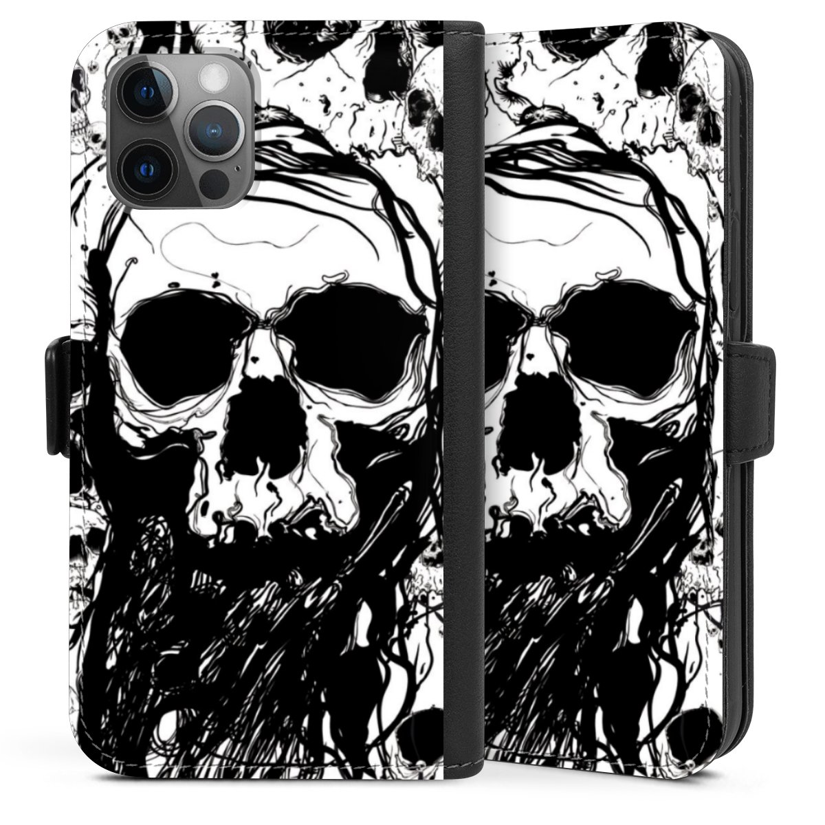 iPhone 12 Handy Klapphülle Handyhülle aus Kunst Leder schwarz Flip Case Totenkopf Halloween Sideflip mit Lasche