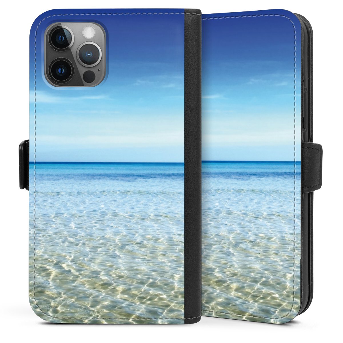 iPhone 12 Handy Klapphülle Handyhülle aus Kunst Leder schwarz Flip Case Urlaub Sky Ocean Sideflip mit Lasche