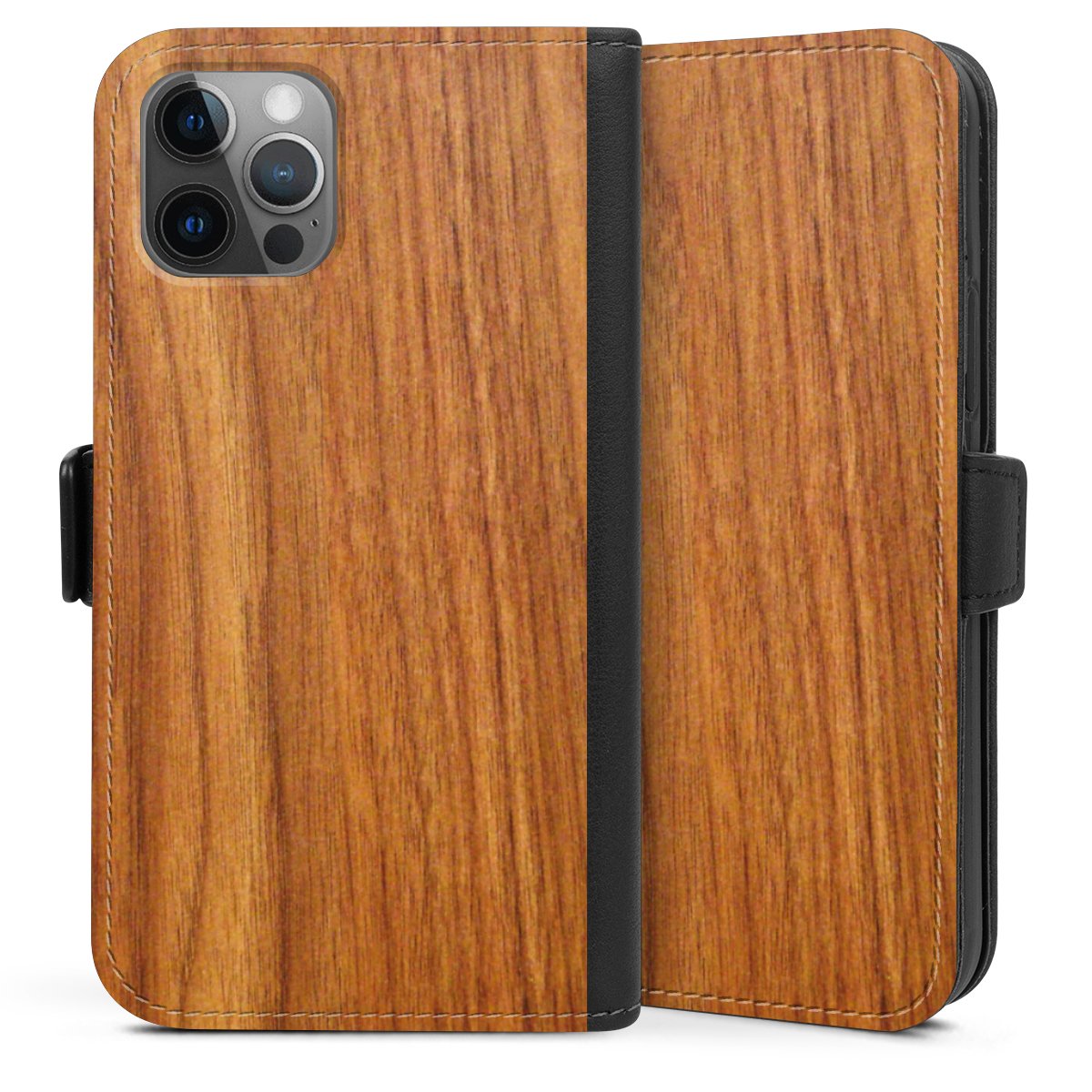 iPhone 12 Handy Klapphülle Handyhülle aus Kunst Leder schwarz Flip Case Wood Larch Wooden Look Sideflip mit Lasche