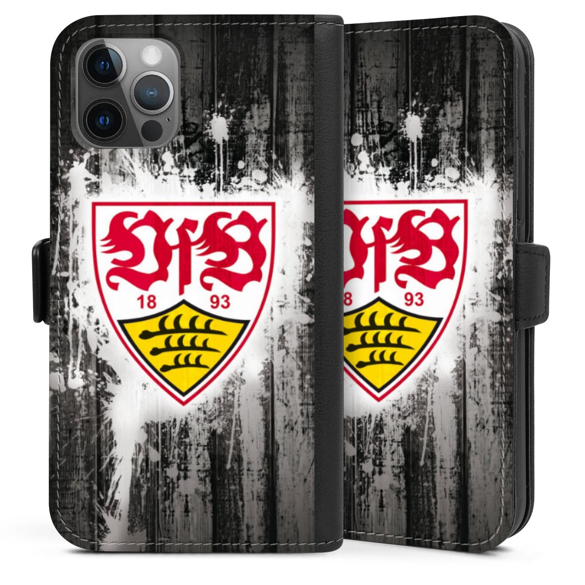 iPhone 12 Handy Klapphülle Handyhülle aus Kunst Leder schwarz Flip Case Vfb Stuttgart Official Licensed Product Sideflip mit Lasche