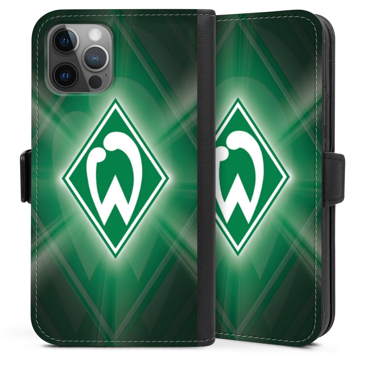 iPhone 12 Handy Klapphülle Handyhülle aus Kunst Leder schwarz Flip Case Sv Werder Bremen Official Licensed Product Coat Of Arms Sideflip mit Lasche