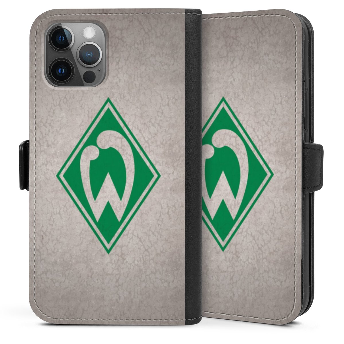 iPhone 12 Handy Klapphülle Handyhülle aus Kunst Leder schwarz Flip Case Sv Werder Bremen Concrete Official Licensed Product Sideflip mit Lasche