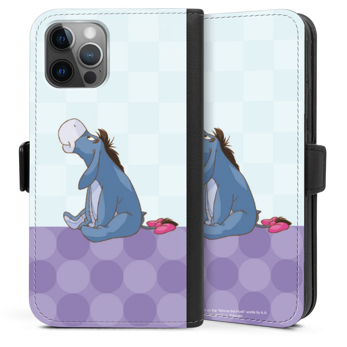 iPhone 12 Handy Klapphülle Handyhülle aus Kunst Leder schwarz Flip Case Disney Donkey Winnie The Pooh Sideflip mit Lasche