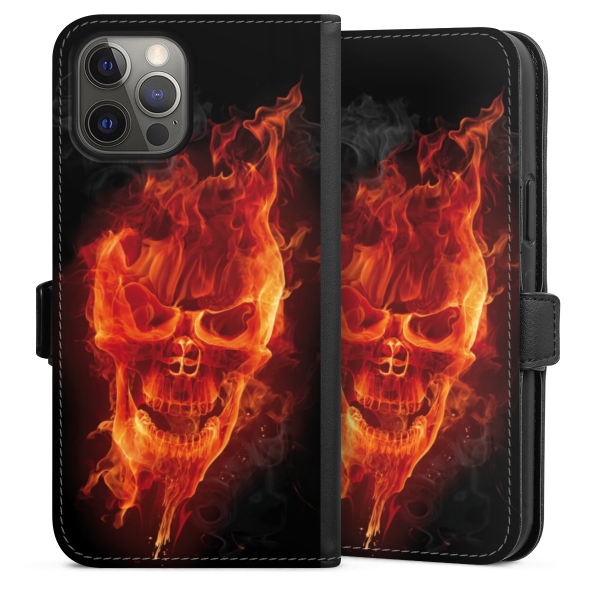 iPhone 12 Pro Max Handy Klapphülle Handyhülle aus Kunst Leder schwarz Flip Case Totenkopf Skull Fire Sideflip mit Lasche