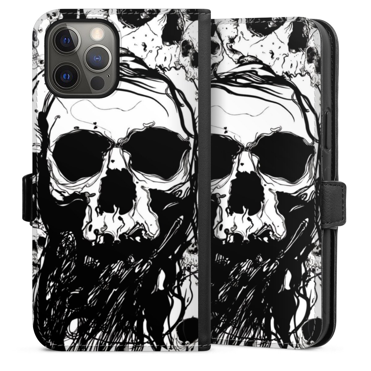 iPhone 12 Pro Max Handy Klapphülle Handyhülle aus Kunst Leder schwarz Flip Case Totenkopf Halloween Sideflip mit Lasche