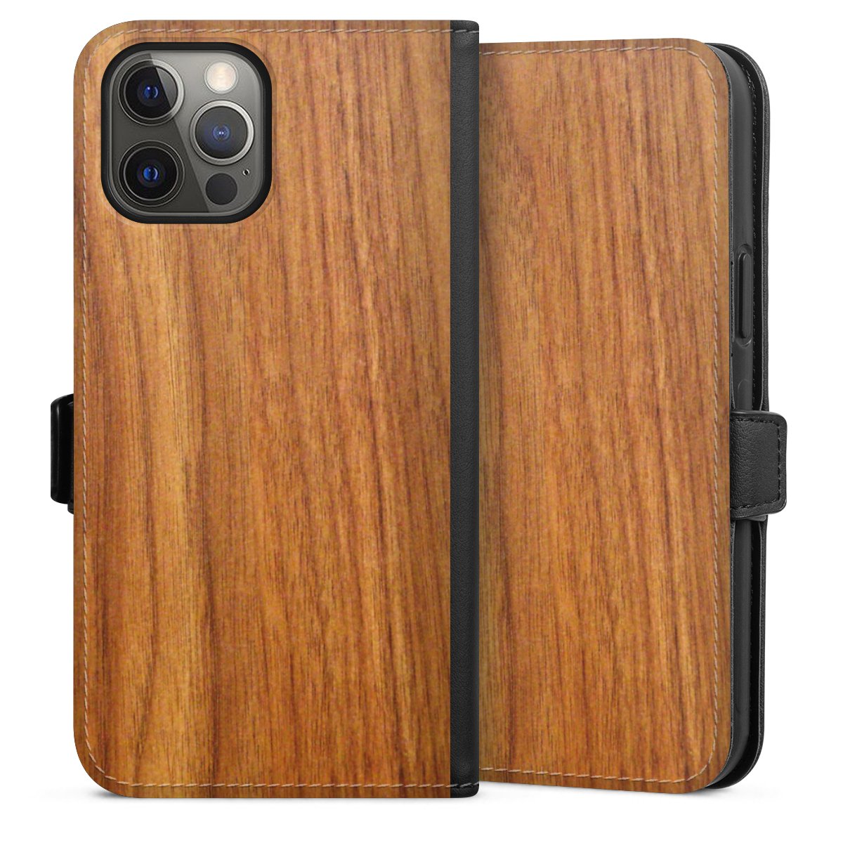 iPhone 12 Pro Max Handy Klapphülle Handyhülle aus Kunst Leder schwarz Flip Case Wood Larch Wooden Look Sideflip mit Lasche