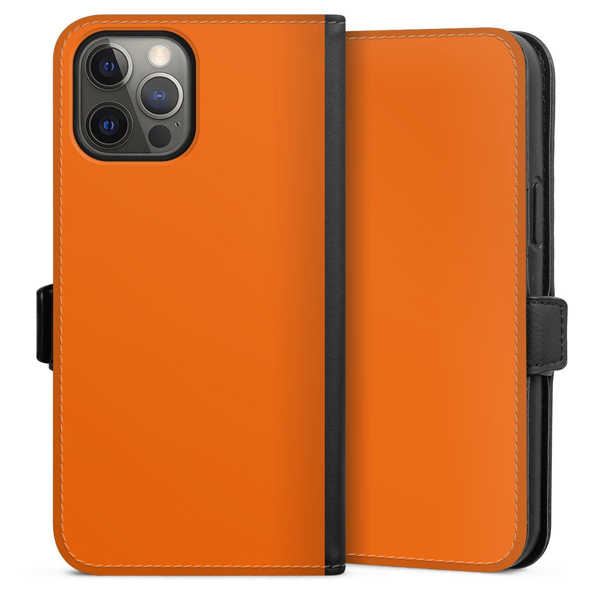 iPhone 12 Pro Max Handy Klapphülle Handyhülle aus Kunst Leder schwarz Flip Case Orange Colour Unicoloured Sideflip mit Lasche