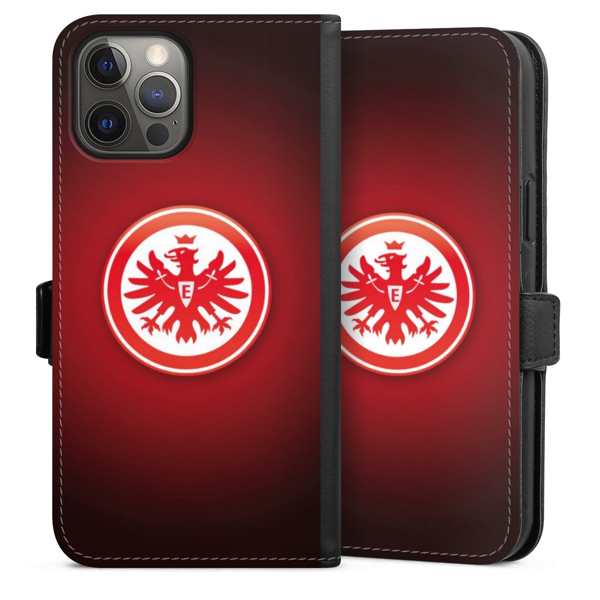 iPhone 12 Pro Max Handy Klapphülle Handyhülle aus Kunst Leder schwarz Flip Case Eintracht Frankfurt Official Licensed Product Coat Of Arms Sideflip mit Lasche