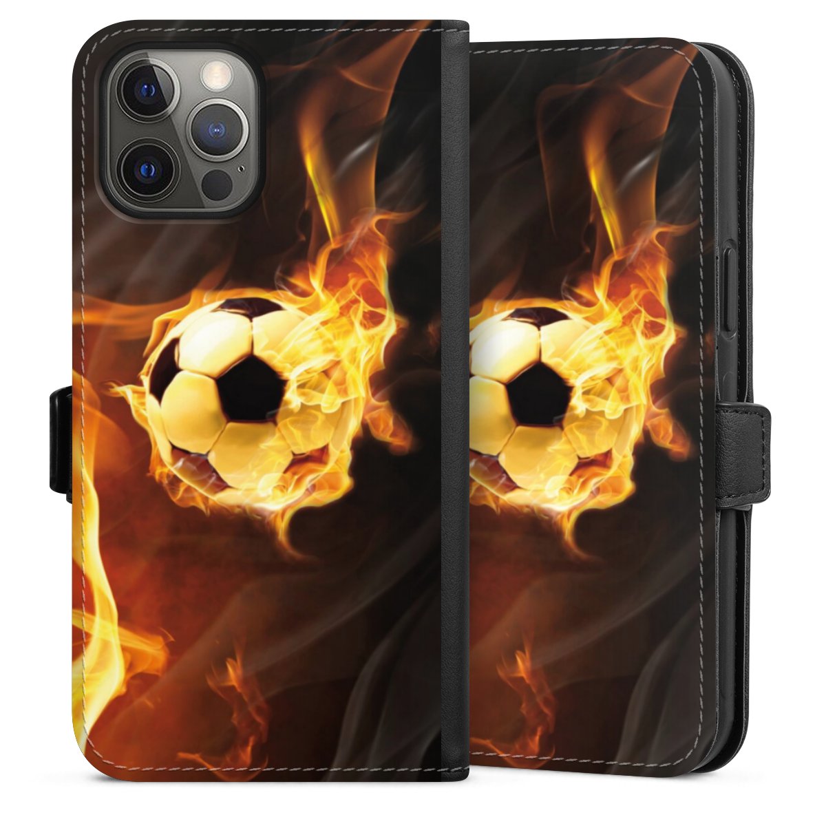 iPhone 12 Pro Max Handy Klapphülle Handyhülle aus Kunst Leder schwarz Flip Case Ball Fire Soccer Sideflip mit Lasche