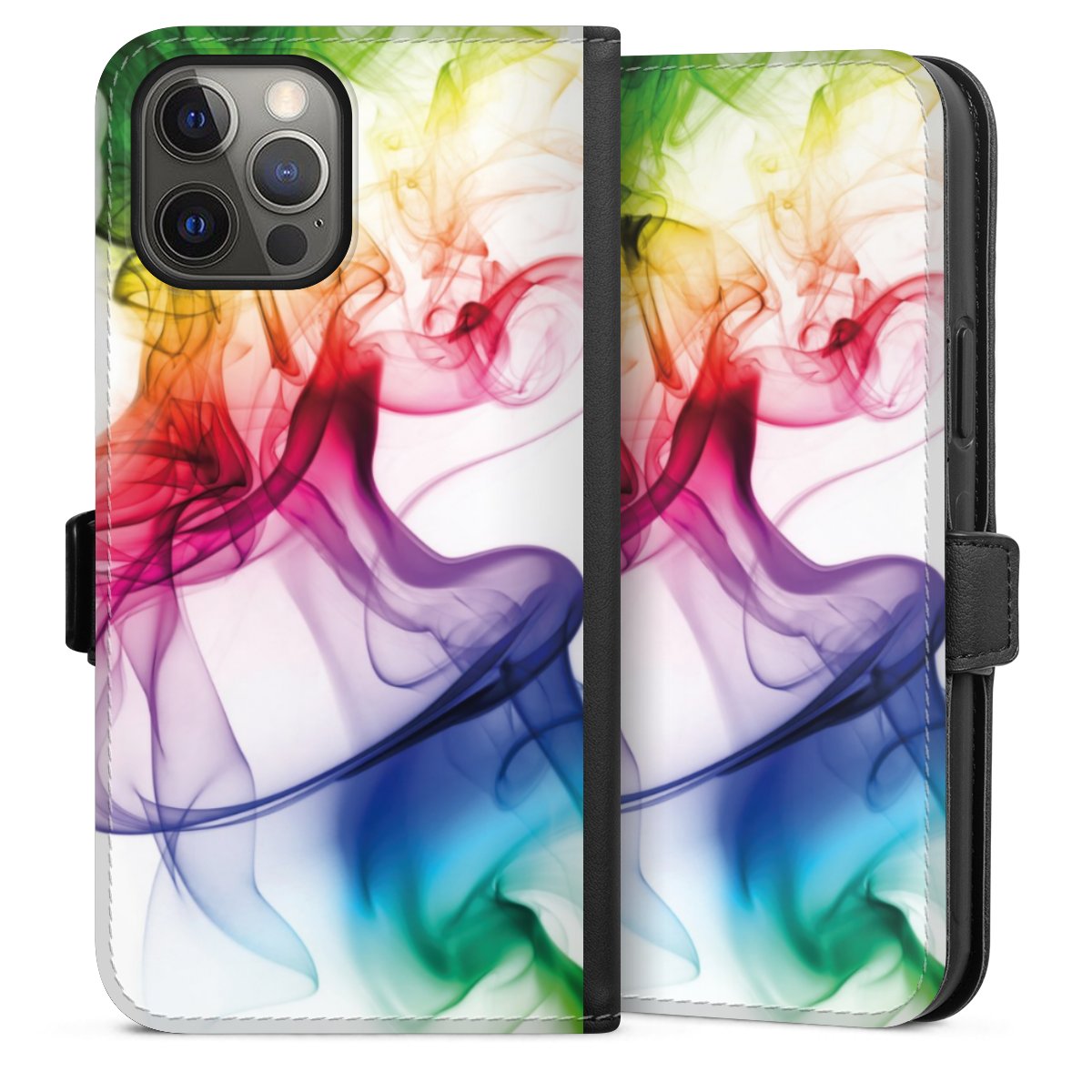 iPhone 12 Pro Max Handy Klapphülle Handyhülle aus Kunst Leder schwarz Flip Case Water Colour Rainbow Sideflip mit Lasche