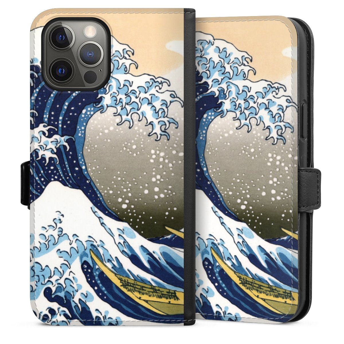 iPhone 12 Pro Max Handy Klapphülle Handyhülle aus Kunst Leder schwarz Flip Case Kunst Katsushika Hokusai Die Große Welle Vor Kanagawa Sideflip mit Lasche