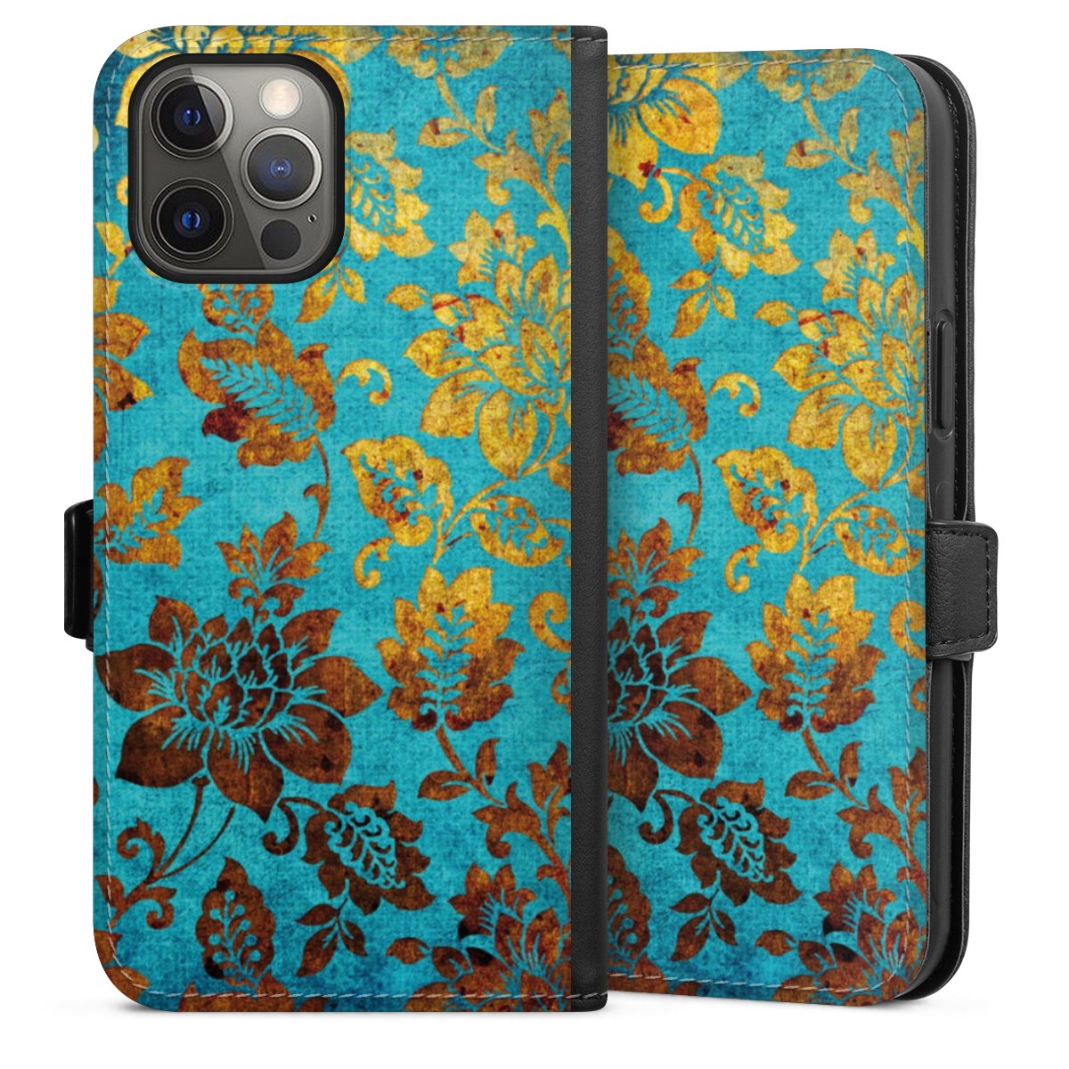 iPhone 12 Pro Max Handy Klapphülle Handyhülle aus Kunst Leder schwarz Flip Case Ornament Vintage Flowers Sideflip mit Lasche