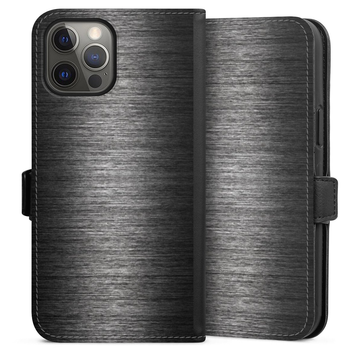 iPhone 12 Pro Max Handy Klapphülle Handyhülle aus Kunst Leder schwarz Flip Case Metallic Look Anthracite Metal Sideflip mit Lasche