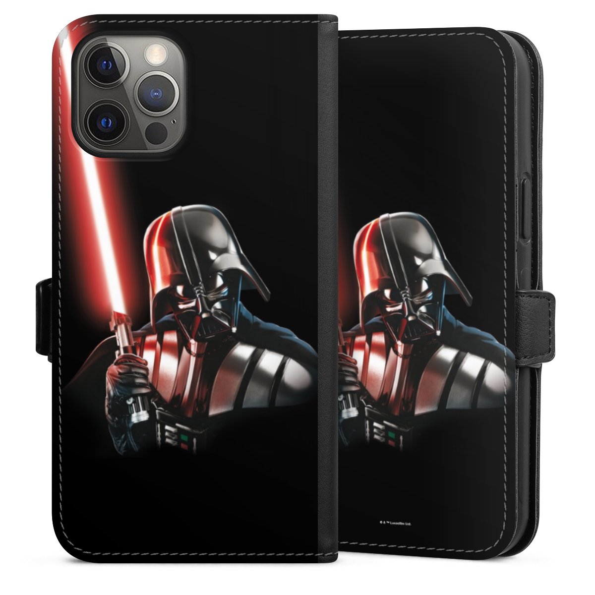 iPhone 12 Pro Max Handy Klapphülle Handyhülle aus Kunst Leder schwarz Flip Case Star Wars Merchandise Darth Vader Sideflip mit Lasche