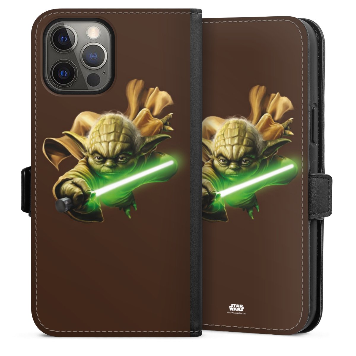 iPhone 12 Pro Max Handy Klapphülle Handyhülle aus Kunst Leder schwarz Flip Case Yoda Merchandise Star Wars Sideflip mit Lasche