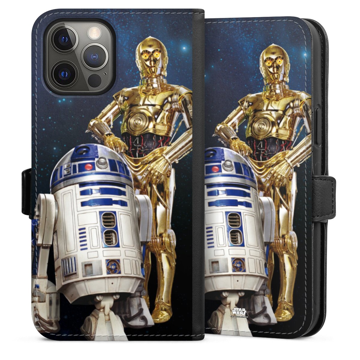 iPhone 12 Pro Max Handy Klapphülle Handyhülle aus Kunst Leder schwarz Flip Case Weltall Star Wars R2d2 Sideflip mit Lasche