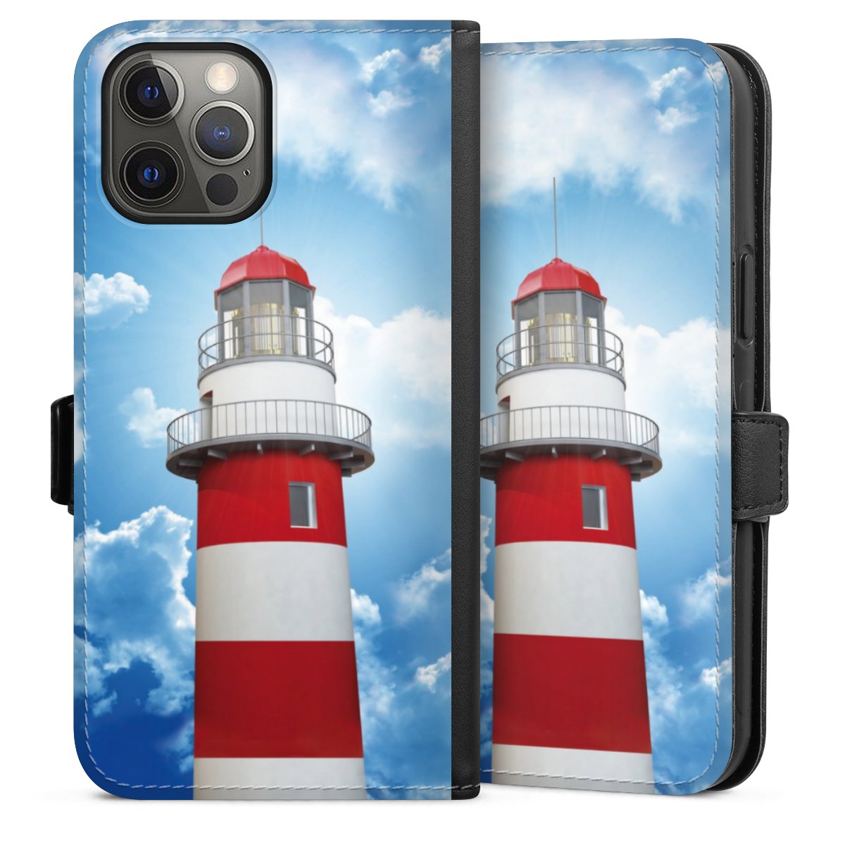 iPhone 12 Pro Max Handy Klapphülle Handyhülle aus Kunst Leder schwarz Flip Case Lighthouse Sky Cloud Sideflip mit Lasche