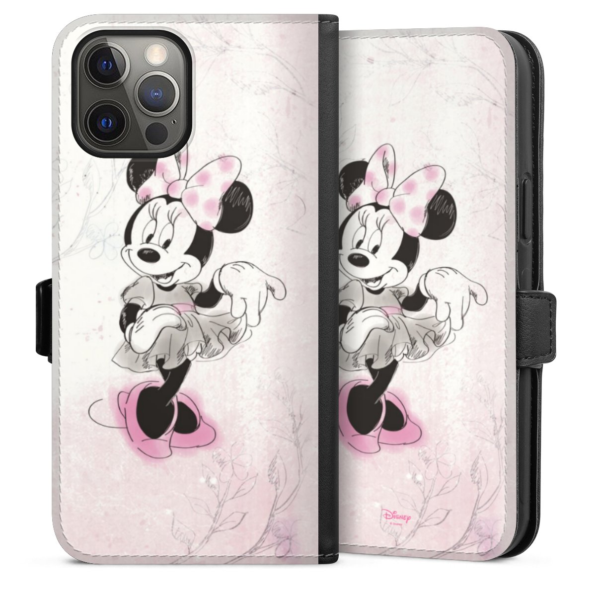 iPhone 12 Pro Max Handy Klapphülle Handyhülle aus Kunst Leder schwarz Flip Case Disney Minnie Mouse Vintage Sideflip mit Lasche