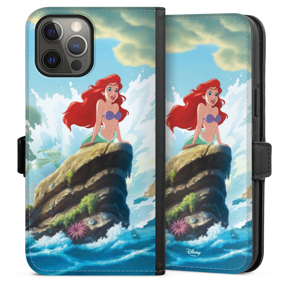 iPhone 12 Pro Max Handy Klapphülle Handyhülle aus Kunst Leder schwarz Flip Case Mermaid Arielle Die Meerjungfrau Official Licensed Product Sideflip mit Lasche