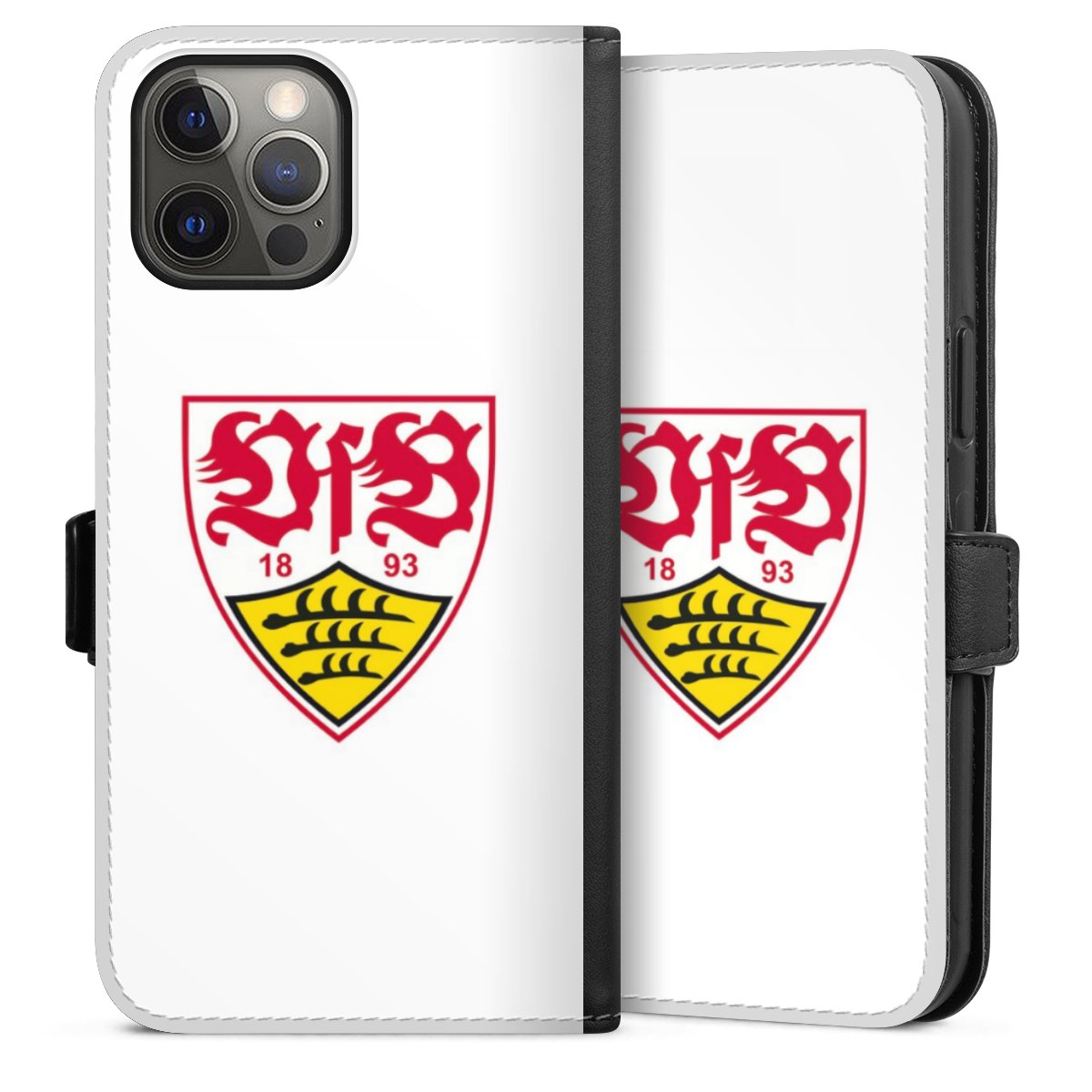 iPhone 12 Pro Max Handy Klapphülle Handyhülle aus Kunst Leder schwarz Flip Case Logo Official Licensed Product Vfb Stuttgart Sideflip mit Lasche