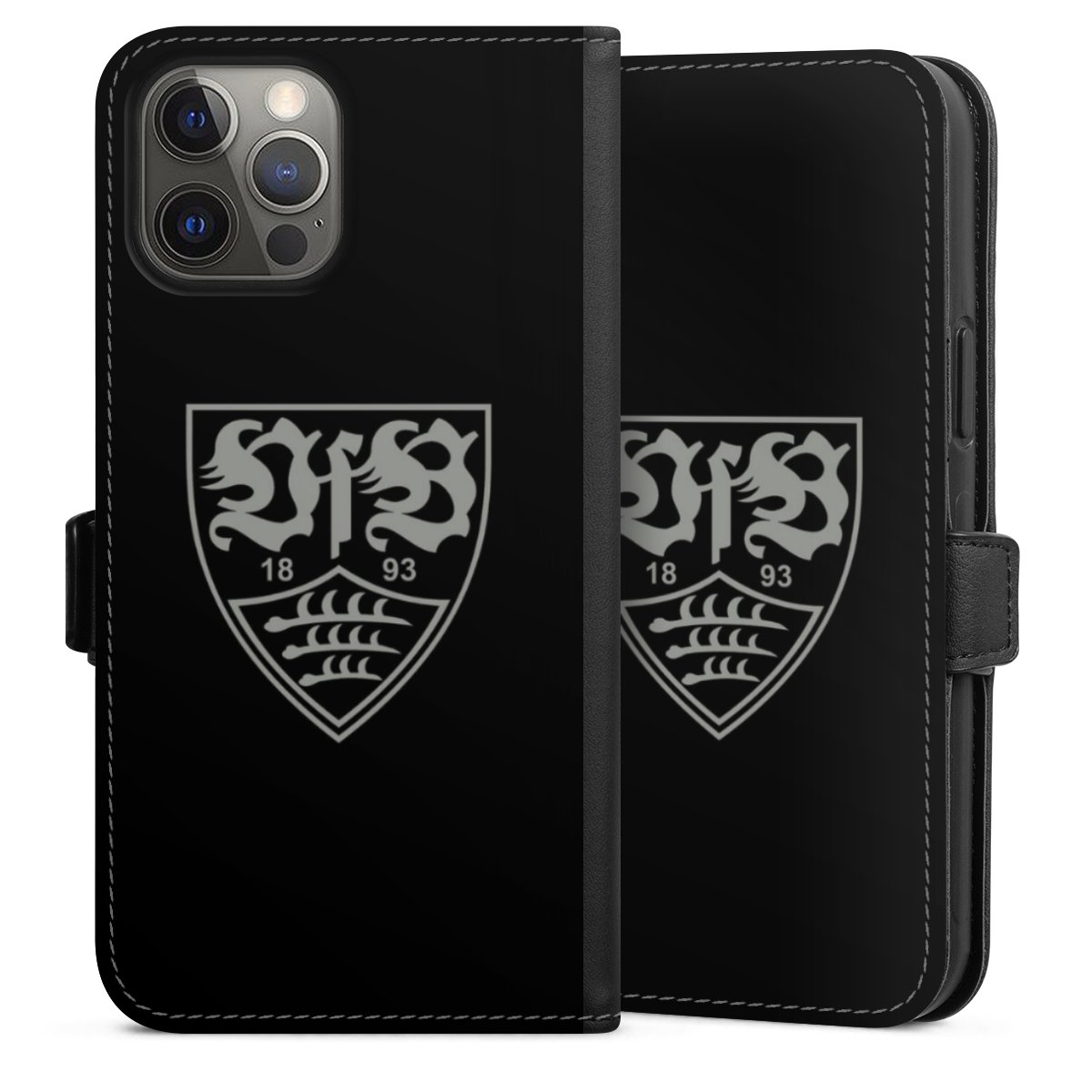 iPhone 12 Pro Max Handy Klapphülle Handyhülle aus Kunst Leder schwarz Flip Case Official Licensed Product Vfb Stuttgart Sideflip mit Lasche