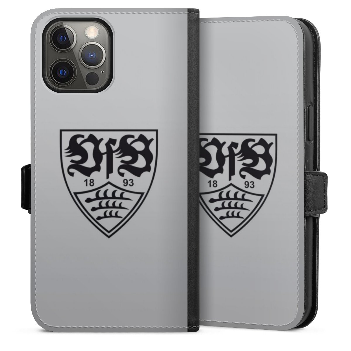 iPhone 12 Pro Max Handy Klapphülle Handyhülle aus Kunst Leder schwarz Flip Case Logo Vfb Stuttgart Official Licensed Product Sideflip mit Lasche