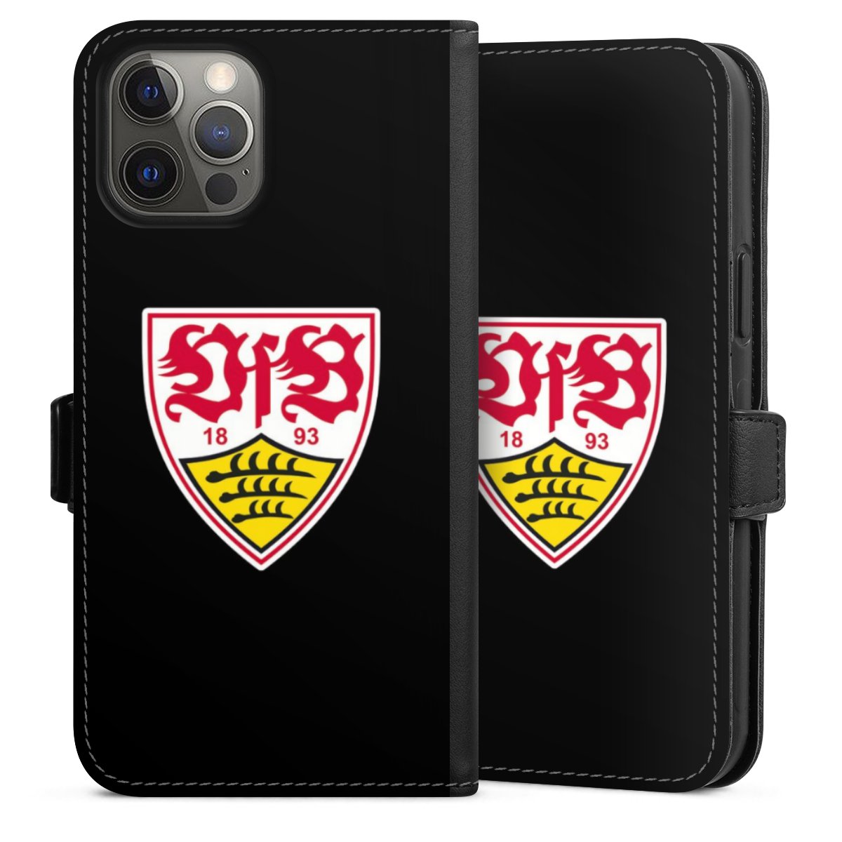 iPhone 12 Pro Max Handy Klapphülle Handyhülle aus Kunst Leder schwarz Flip Case Vfb Stuttgart Official Licensed Product Coat Of Arms Sideflip mit Lasche