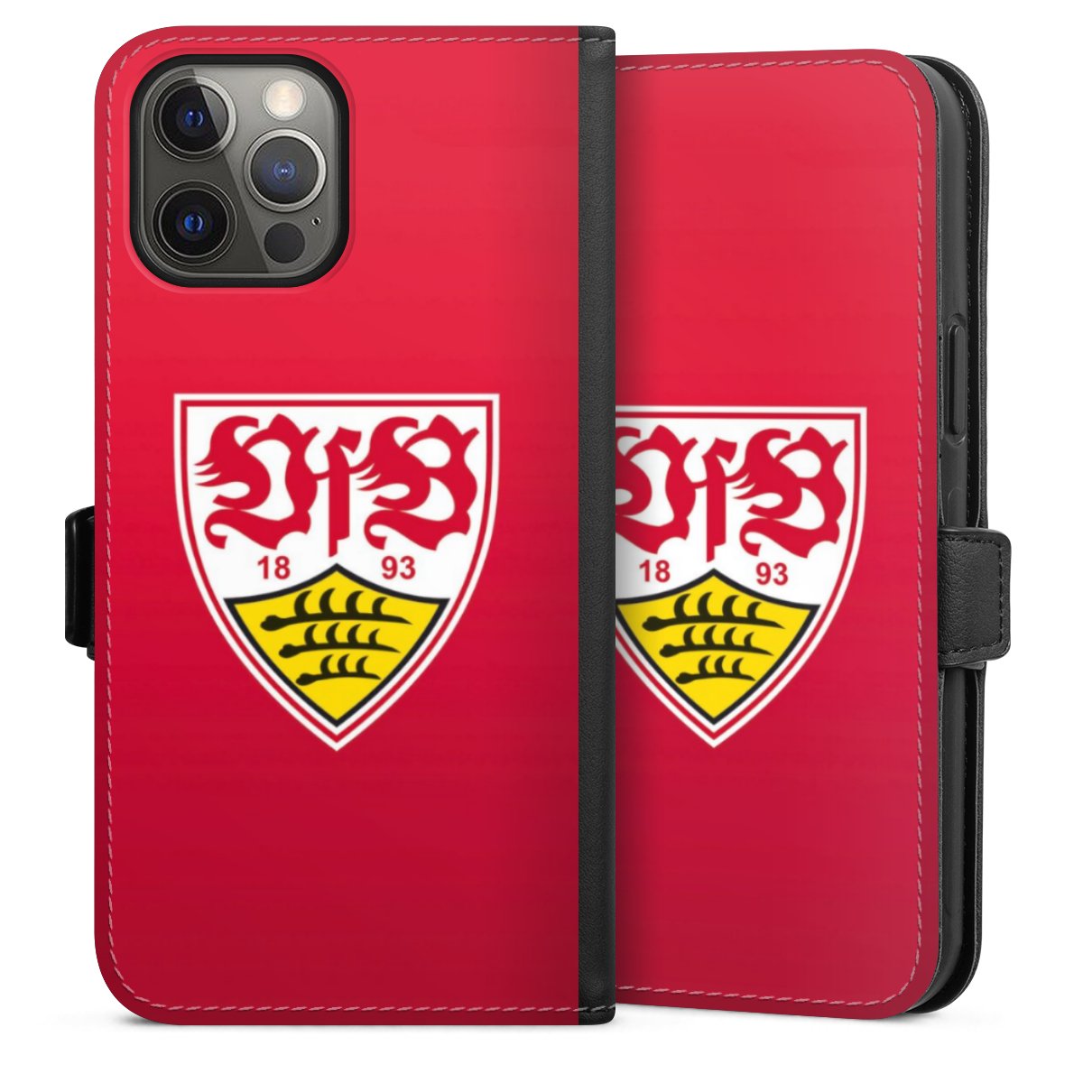 iPhone 12 Pro Max Handy Klapphülle Handyhülle aus Kunst Leder schwarz Flip Case Official Licensed Product Vfb Stuttgart Sideflip mit Lasche